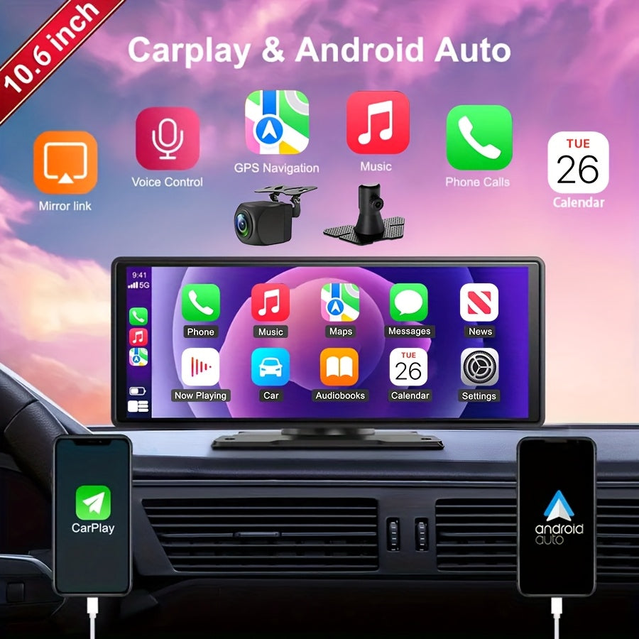 Wireless CarPlay Screen 10.26 Inch Portable Car Stereo, Touchscreen Display with Android Auto, 720P HD Backup Camera, Dash Cam & GPS Navigation, Universal Dashboard Car Radio for Trucks RVs