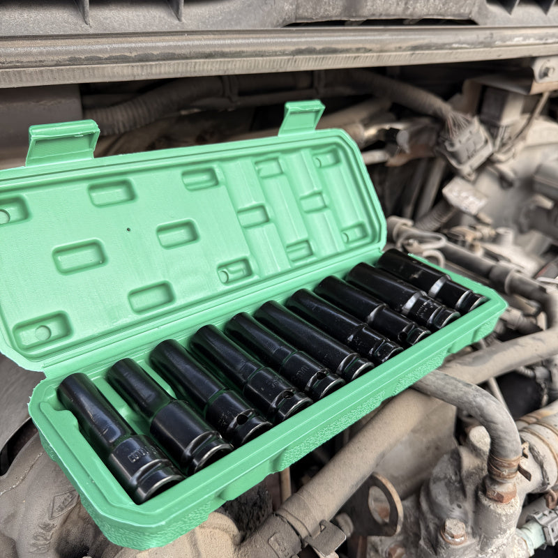 1/2-Inch Drive Deep Impact Socket Set – Chrome Vanadium Steel, Pneumatic & Electric Drill Compatible, Tire Removal & Auto Repair, with Green Storage Case (15 or 20 Piece)