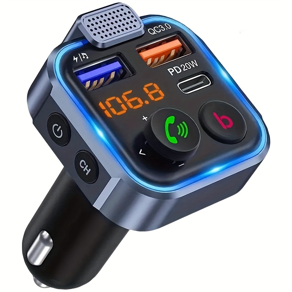 Bluetooth FM Transmitter for Car – Bluetooth 5.3, USB PD 20W Fast Charge, Dual Mic CVC Noise Reduction, Hi-Fi Stereo, 7-Color LED, MP3 Player & Hands-Free Calling