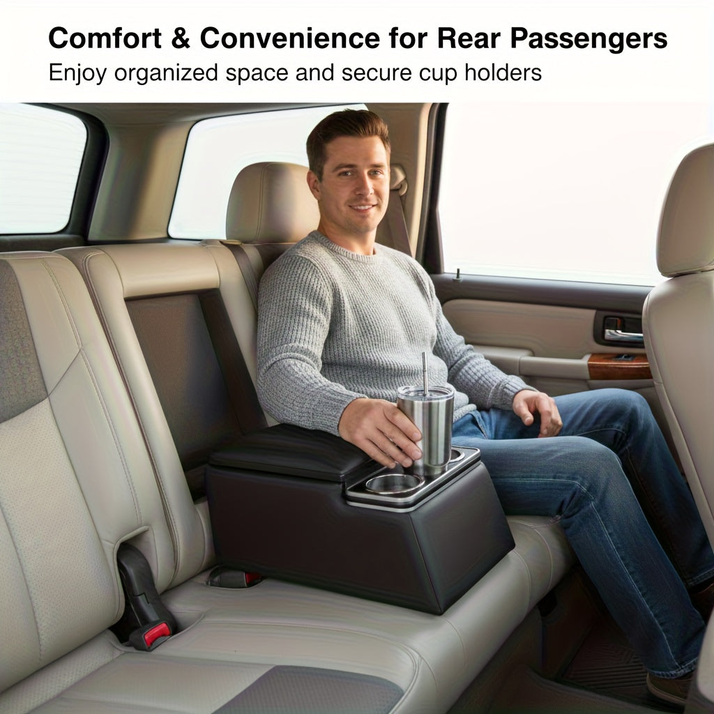 Universal Car Center Console Armrest Box - Rear Bench Seat Organizer with Cup Holder & Storage, Truck SUV Van, Black