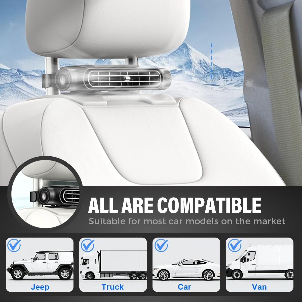 Car USB Bladeless Fan – 3-Speed Quiet Cooling Seat Fan | Plug-and-Play, Fits All Car Models, Black & White