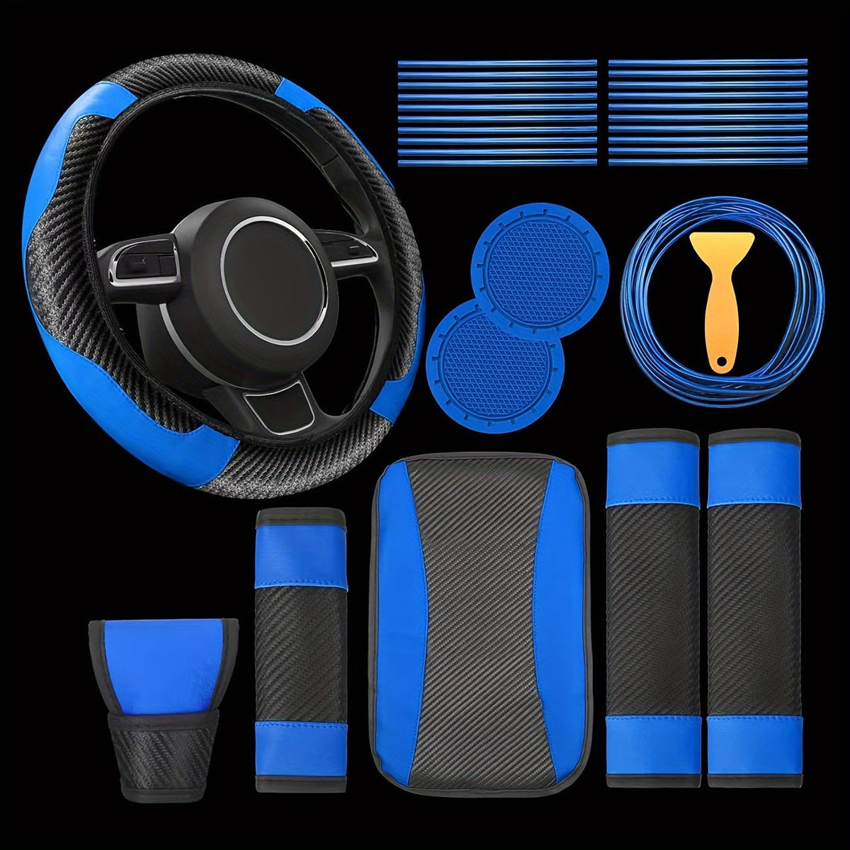 Car Steering Wheel Cover PU Carbon Fiber Interior Decorative Strip Air Vent Trim 30pcs Universal Fit for Most Vehicles Easy Install Blue Red