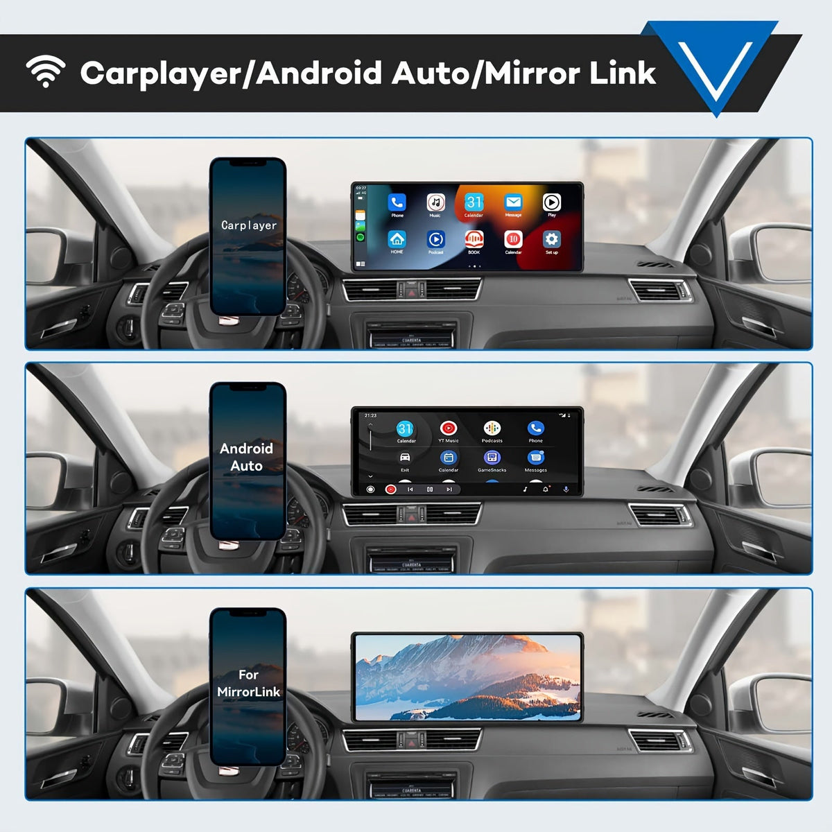 Portable Wireless CarPlay Screen 10.26" HD Touchscreen, Android Auto, Mirror Link, Backup Camera, GPS Navigation, AUX — Universal Fit