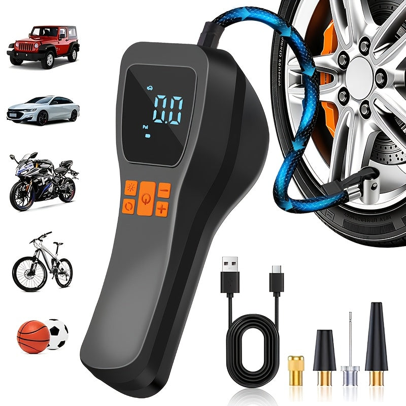 Portable Cordless Tire Inflator with Digital Gauge & LED Light – USB Rechargeable Fast Air Compressor for Car, Bike, Motorcycle & Sports Equipment