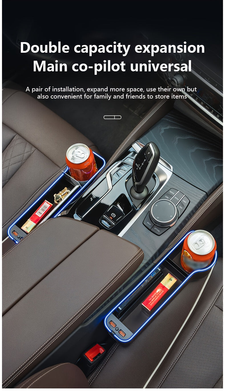 Car Seat Gap Organizer with Atmosphere Light Phone Holder Charger Slot Sundries Storage Box Car Interior Accessories Universal Fit