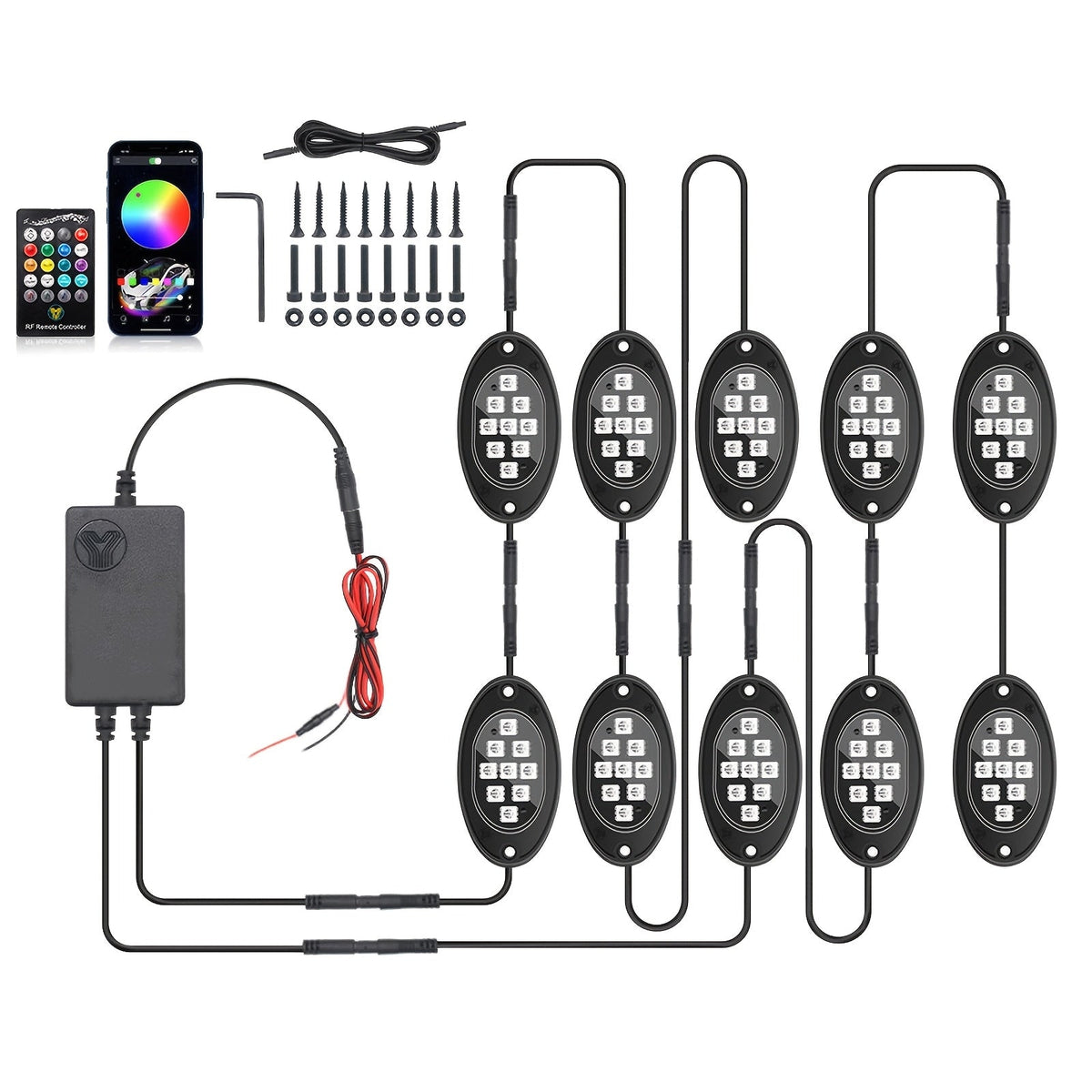 RGB LED Rock Light Kit 10-Piece – Multicolor Underglow Lights with APP & Remote Control, Music Mode, for Jeep UTV ATV SUV Offroad