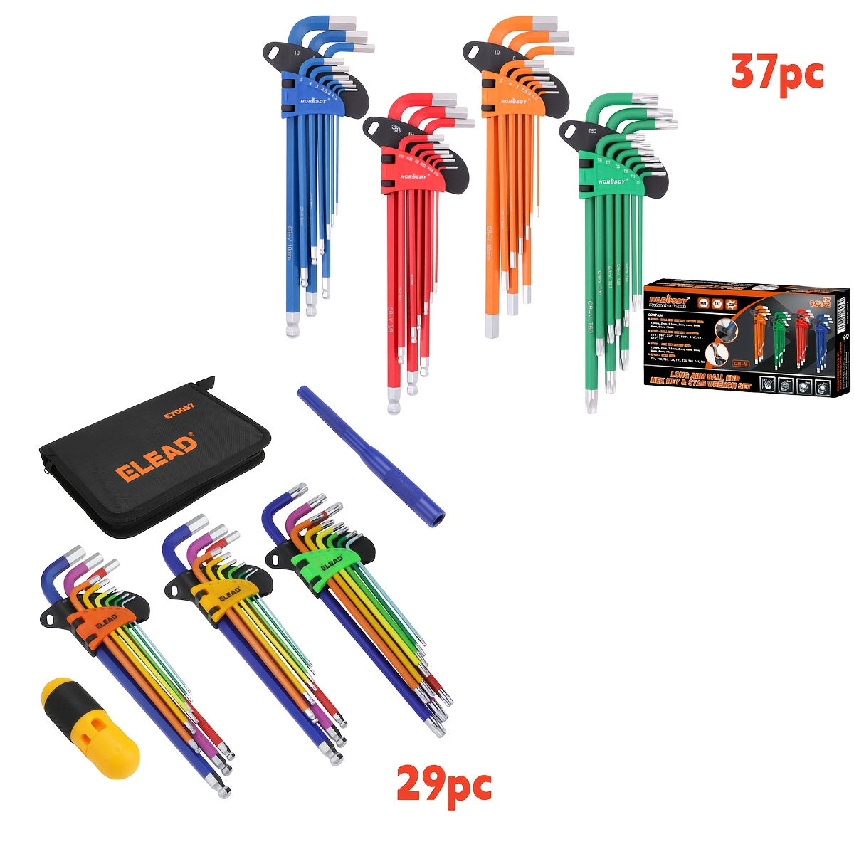 Hex Key Allen Wrench Set 29/37-Piece – Ball End & Torx, Metric & SAE, Color-Coded, T-Handle, Chrome Vanadium Steel