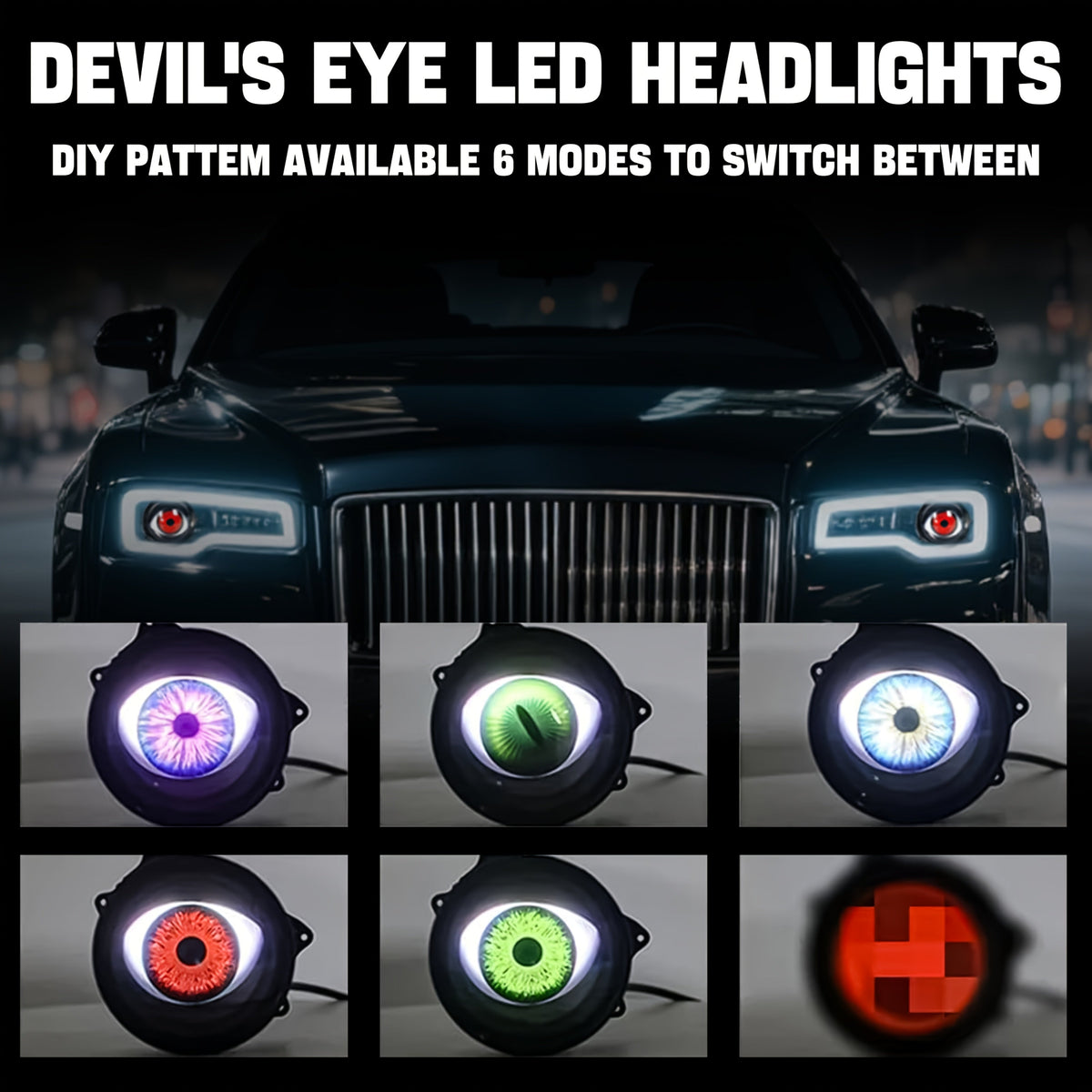 LED Demon Eye Lights with Lens – 6-Mode Adjustable 12V Car Atmosphere Lighting Kit, Dynamic Devil Eyes for Off-Road & Automotive Decoration (1 or 2 Pack)