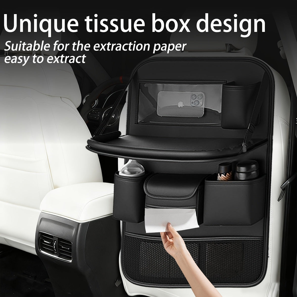 Car Backseat Organizer with Foldable Tray Table – PU Leather Kick Mat, Tablet Holder & Multi-Pocket Rear Seat Storage | Universal Fit SUV Truck