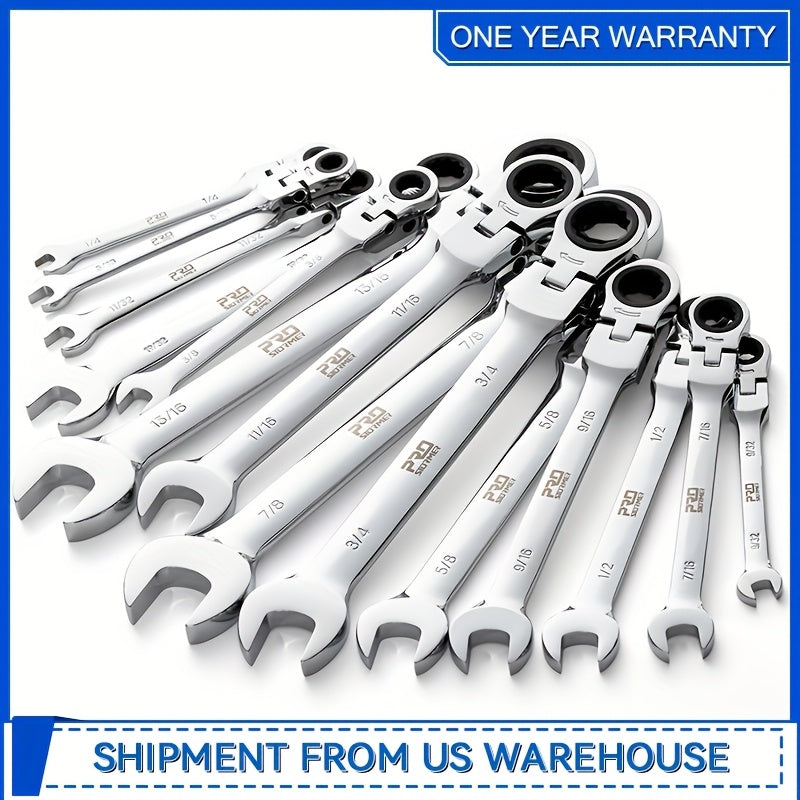 14-Piece SAE Flex Head Ratcheting Wrench Set – 1/4" to 7/8", 72-Tooth 5° Arc, Chrome Vanadium Steel, 180° Flex Head, with Organizer Rack