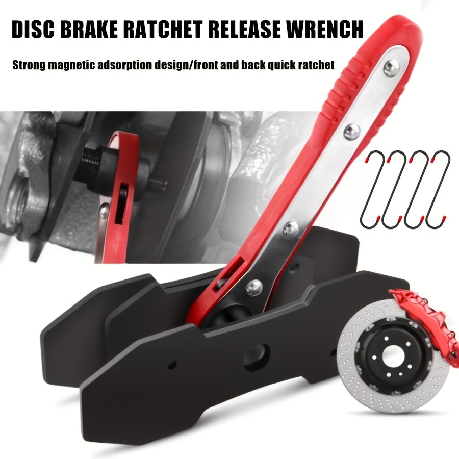 Brake Caliper Compression Tool with 360° Swing Ratchet, Carbon Steel Brake Piston Compressor & Cylinder Adjuster, 2 Pressure Plates Included, Quick Ratchet Brake Wrench for Vehicle Brake Maintenance