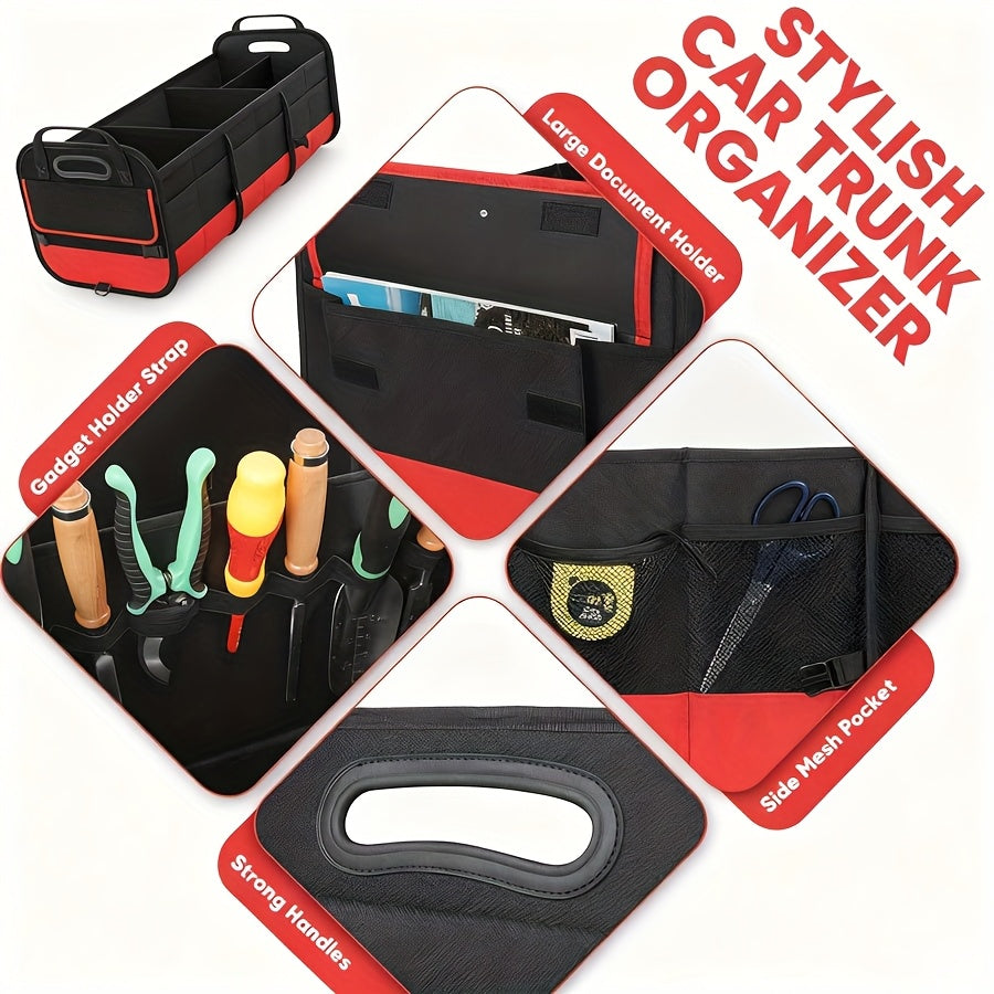 Foldable Car Trunk Organizer 95L 25gal 4 Compartments 2 Retractable Straps Collapsible Multi-Pocket Storage for SUV Truck Minivan Travel Camping Shopping Black