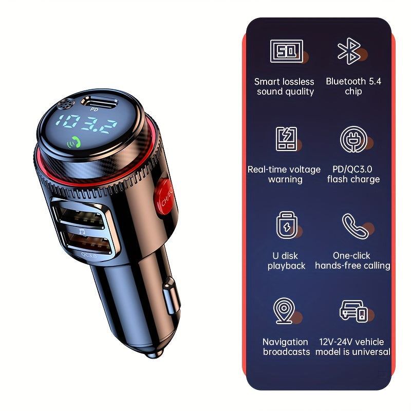 Car FM Transmitter 48W Bluetooth Adapter – Type-C PD30W & QC3.0 USB | Hi-Fi MP3 Player, Hands-Free Calls, LED Lights | Fast Car Charger