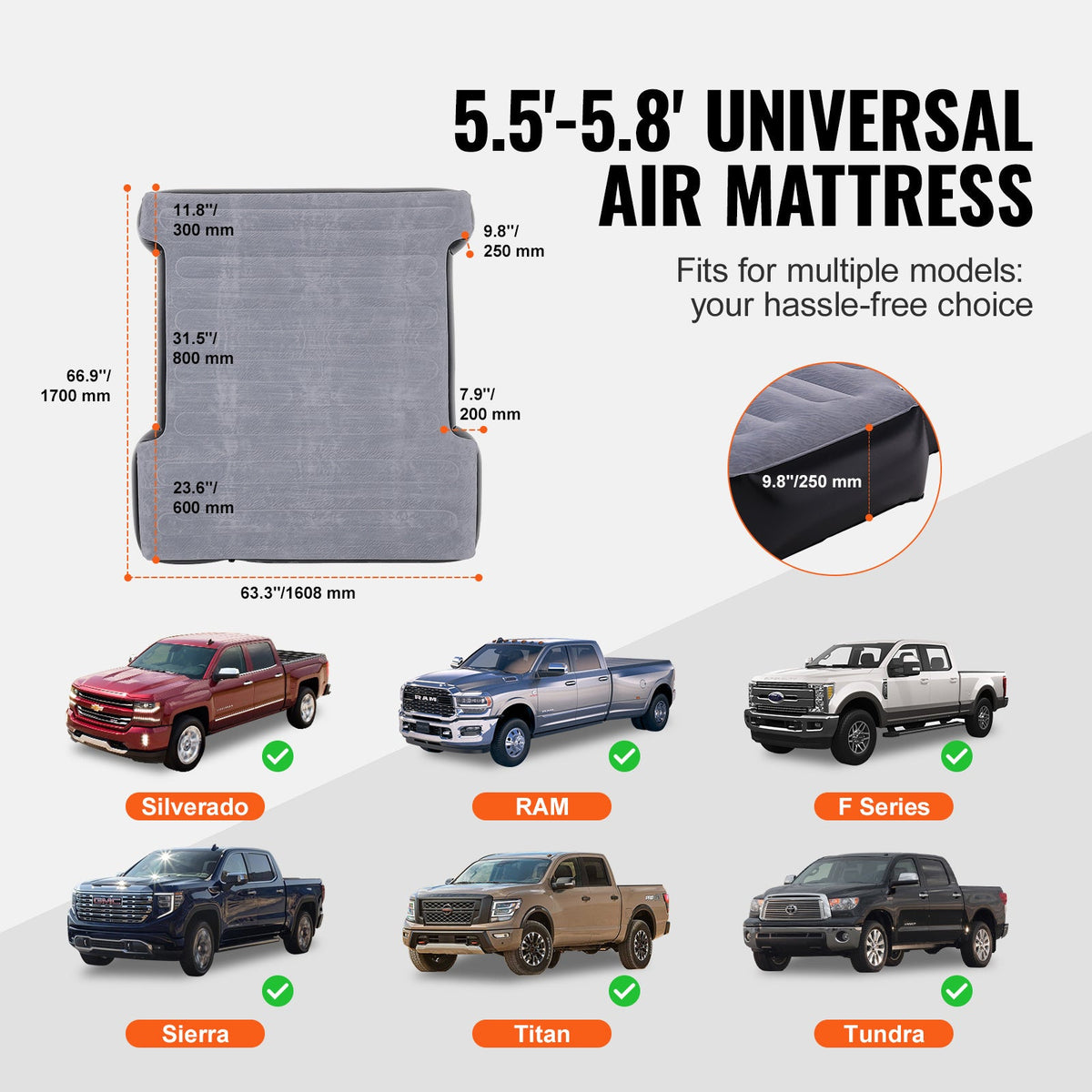 Truck Bed Air Mattress for 6–6.5 ft Trucks – Inflatable Camping Mattress 600LBS Capacity, Fits Silverado, RAM, F-Series, Sierra, Titan & Tundra, with Pump