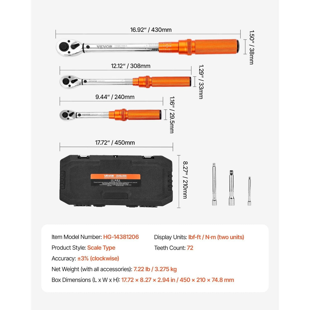 Click Torque Wrench Set 3-Piece – 1/4", 3/8" & 1/2" Drive, 72-Tooth Dual-Direction Ratchet, ±3% Accuracy, Alloy Steel with Calibration Certificate & Hard Case