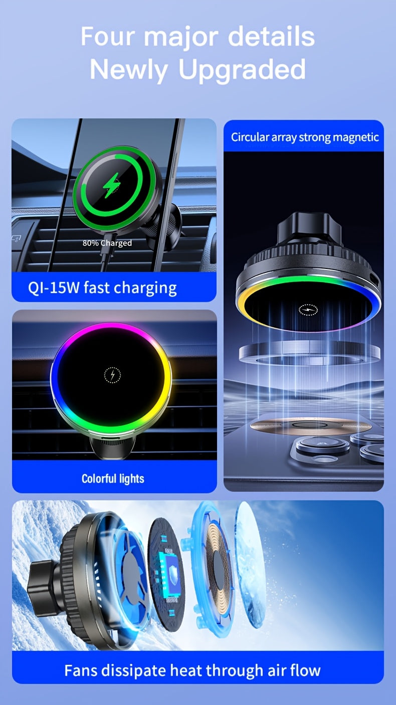 MagSafe Car Wireless Charger for iPhone 12-16, Magnetic Air Vent Mount, Qi1 Fast Charging, Dual Cooling Fans, Circular Design