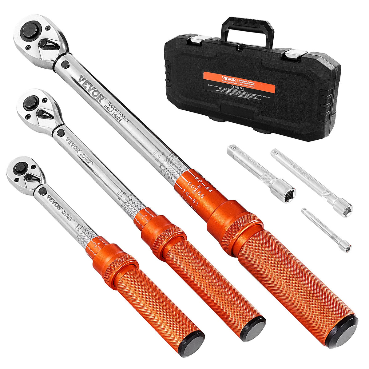 Click Torque Wrench Set 3-Piece – 1/4", 3/8" & 1/2" Drive, 72-Tooth Dual-Direction Ratchet, ±3% Accuracy, Alloy Steel with Calibration Certificate & Hard Case