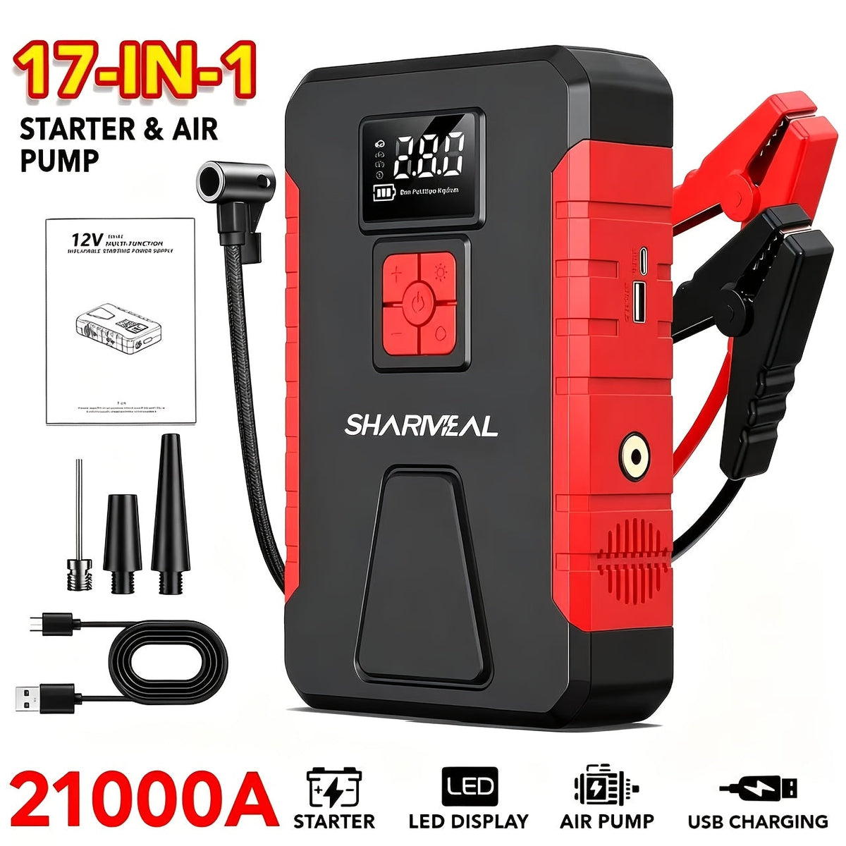 Portable Jump Starter with Air Compressor, 15000A-21000A Peak 350PSI 12V 17-in-1, Car Battery Charger with LED Light, for Cars Trucks SUVs