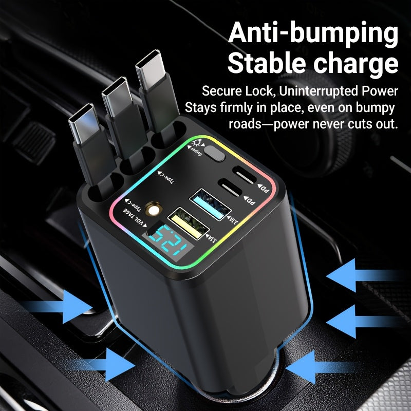 7-in-1 Car Fast Charger – 3 Retractable Cables, LED Digital Display, 180° Adjustable, USB Fast Charging for iPhone, Android & Type-C