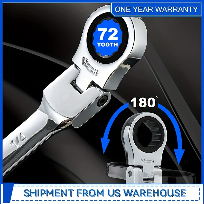 14-Piece SAE Flex Head Ratcheting Wrench Set – 1/4" to 7/8", 72-Tooth 5° Arc, Chrome Vanadium Steel, 180° Flex Head, with Organizer Rack