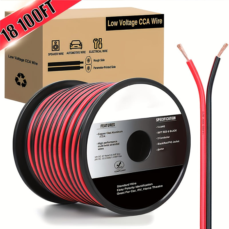 CCA Speaker Wire Red Black 2-Conductor Parallel DC Flexible Cable for Car Audio Amplifier Radio Speaker LED Strip 12V 24V 36V Copper Clad Aluminum