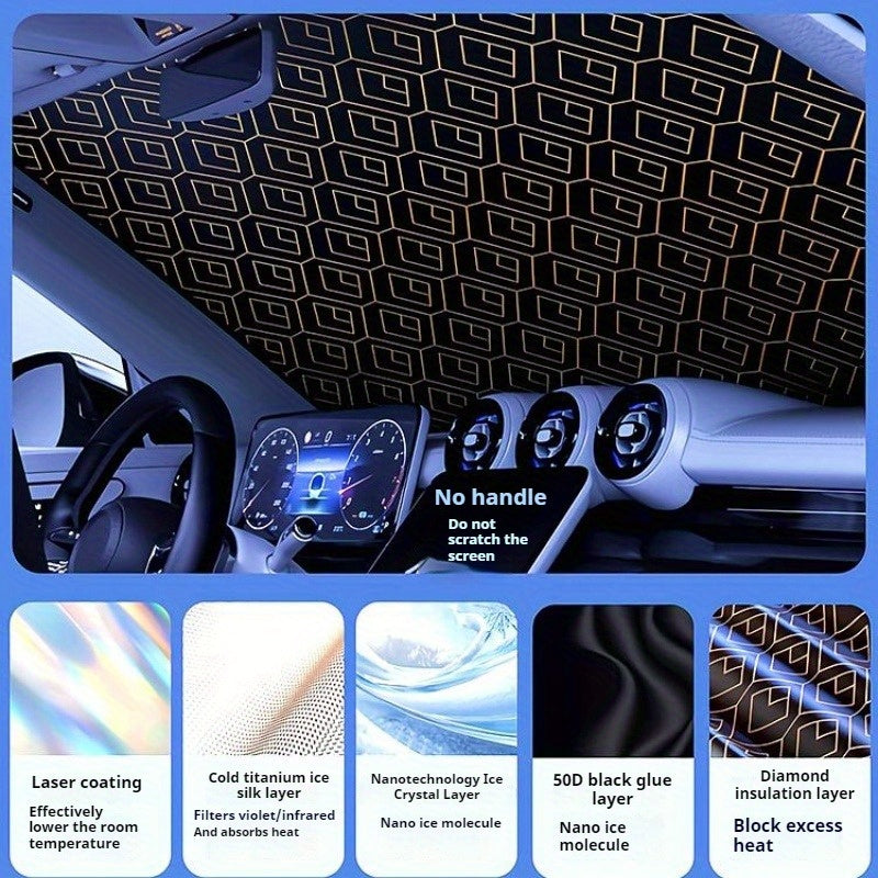 Car Windshield Sunshade 5-Layer Laser Insulation - Thickened UV Heat Blocker, Diamond Pattern, Fits Toyota Sienna Tundra Ford F150 & Universal Sizes, Gold Black