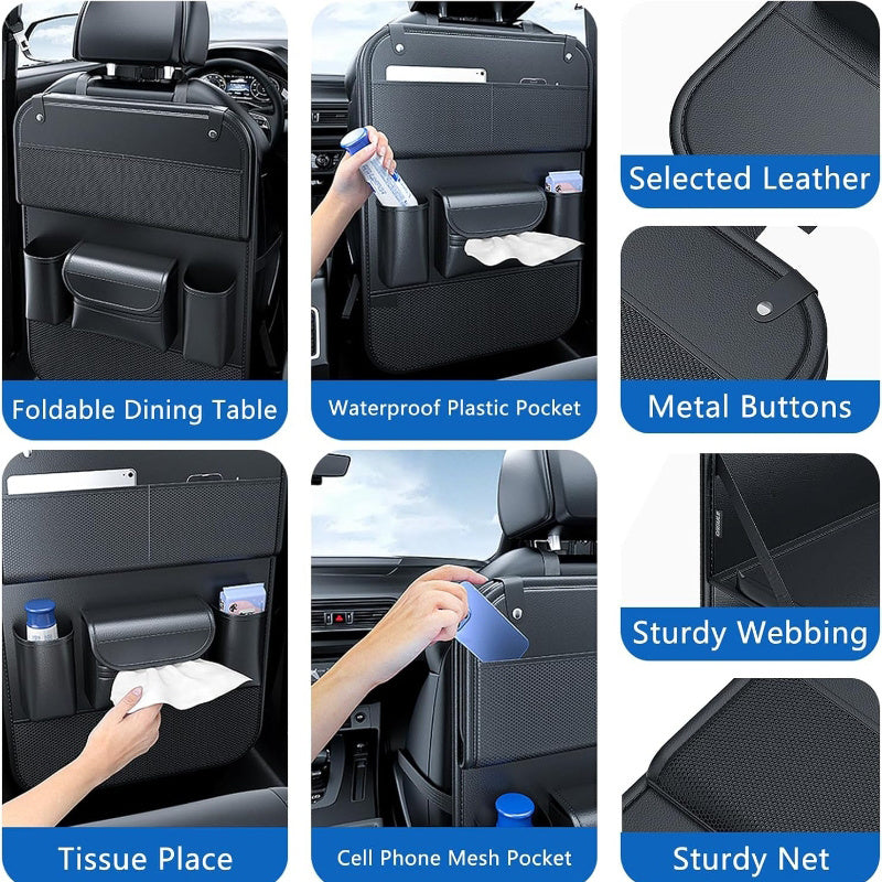 Faux Leather Car Seat Backrest Organizer with Foldable Table Tablet Stand Seat Protection Pad for Cars SUVs Black Gray Brown 1pc 2pcs
