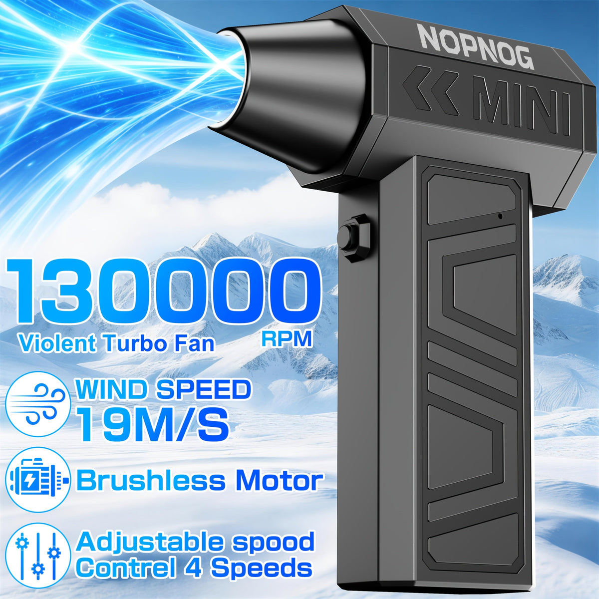 Electric Air Duster Turbo Blower 130,000 RPM – Wireless Rechargeable, 4-Speed Jet Fan for Computer Cleaning, Car Detailing & Snow Blowing