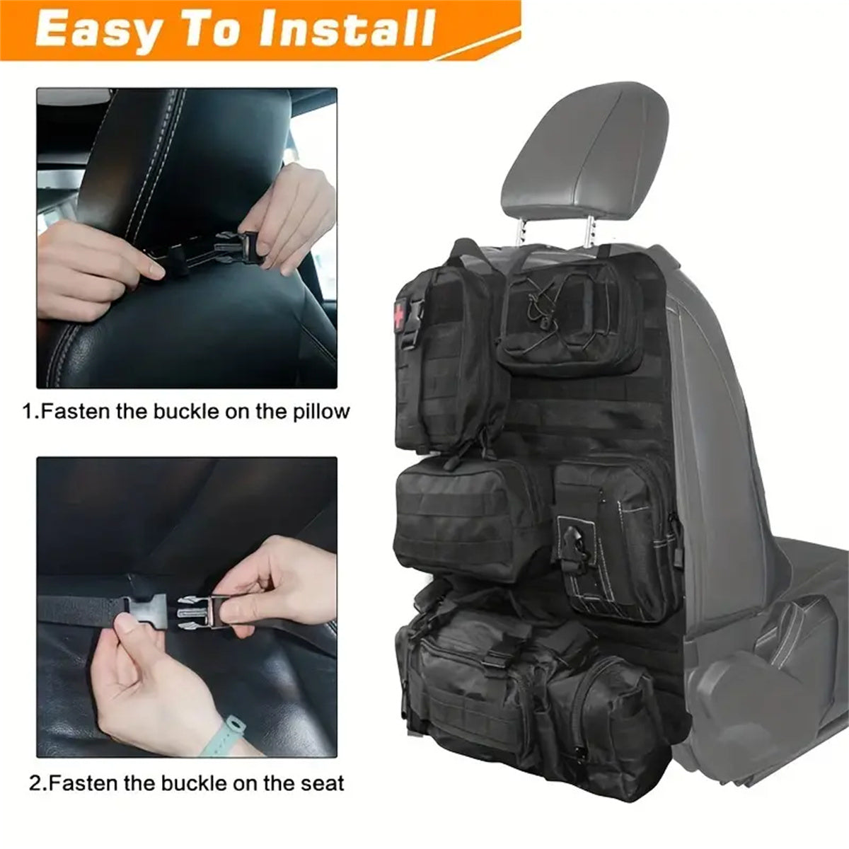 MOLLE Tactical Car Seat Organizer Pouch 6pcs Set Heavy Duty Nylon Adjustable Seat Back Storage for Jeep Truck SUV Gear First Aid Tools EDC Black