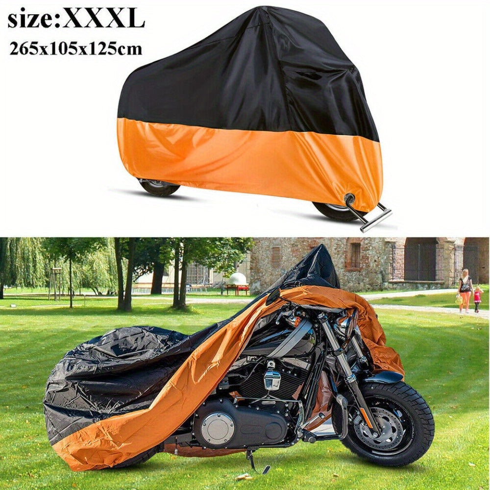 Motorcycle Cover 3XL Waterproof – 190T UV Protection, Tear-Resistant Fabric, Lock Holes, Outdoor Storage Cover with Towel | Black & Orange