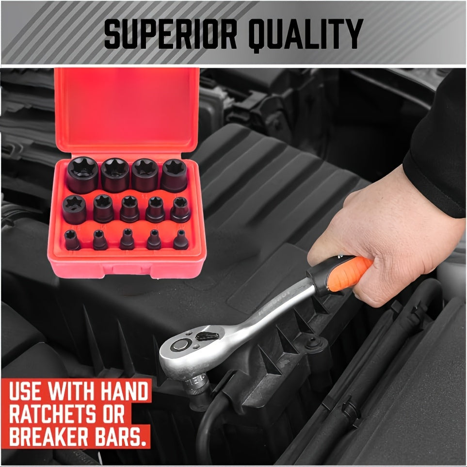 E-Torx Star Socket Set 14-Piece – 1/4", 3/8" & 1/2" Drive External Torx Sockets E4–E24 for Auto Repair & Mechanical Work