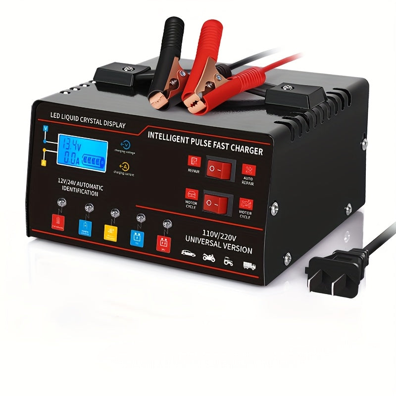 12V/24V Smart Universal Battery Charger – LCD Screen, Pulse Repair, Trickle Maintainer & Temperature Regulation for Car, Truck, Motorcycle, Boat & Lawn Mower Lead Acid Batteries