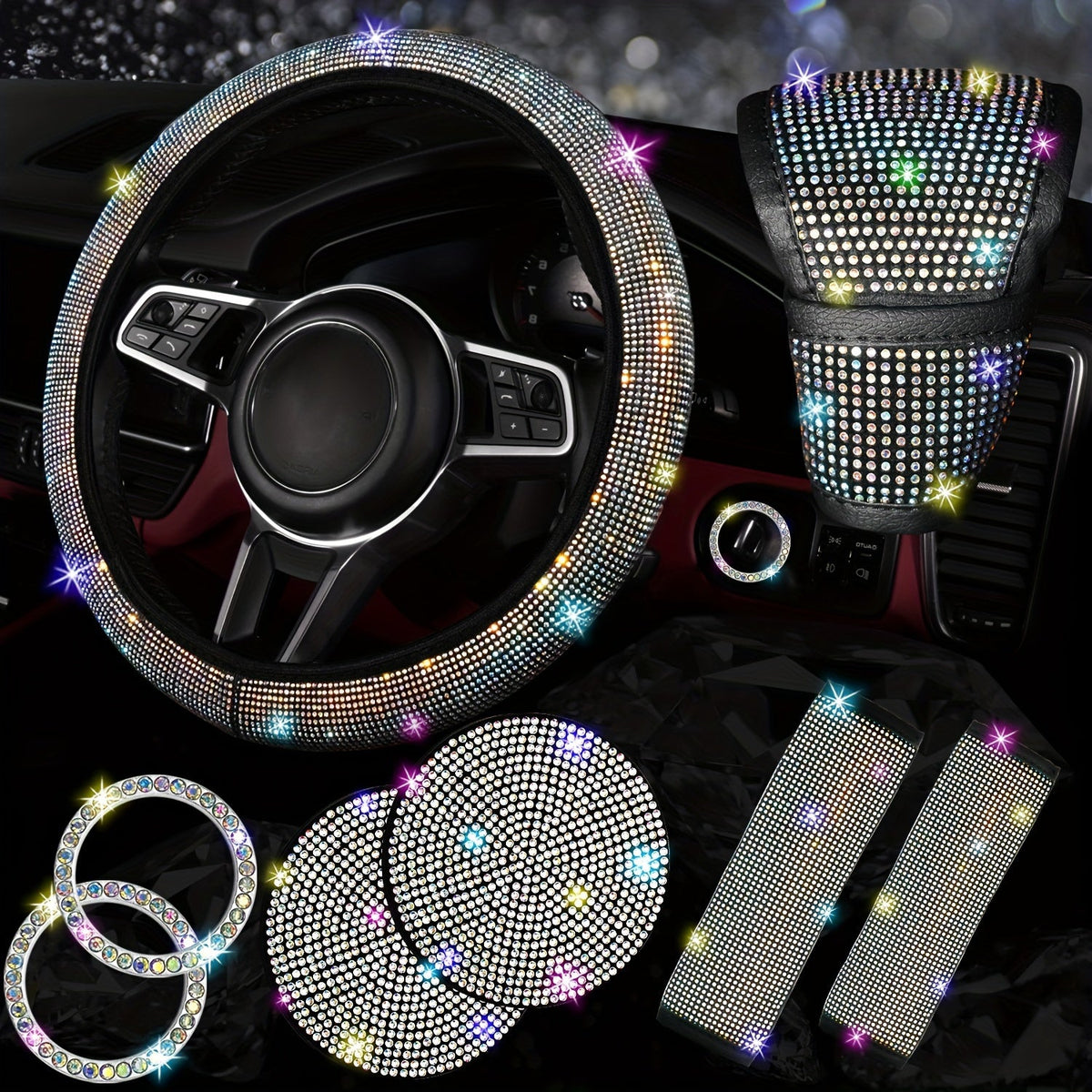 Bling Car Accessories Set for Women – 8pcs Rhinestone Steering Wheel Cover, Cup Coasters, Seat Belt Shoulder Pads, Starter Rings & Gear Shift Cover