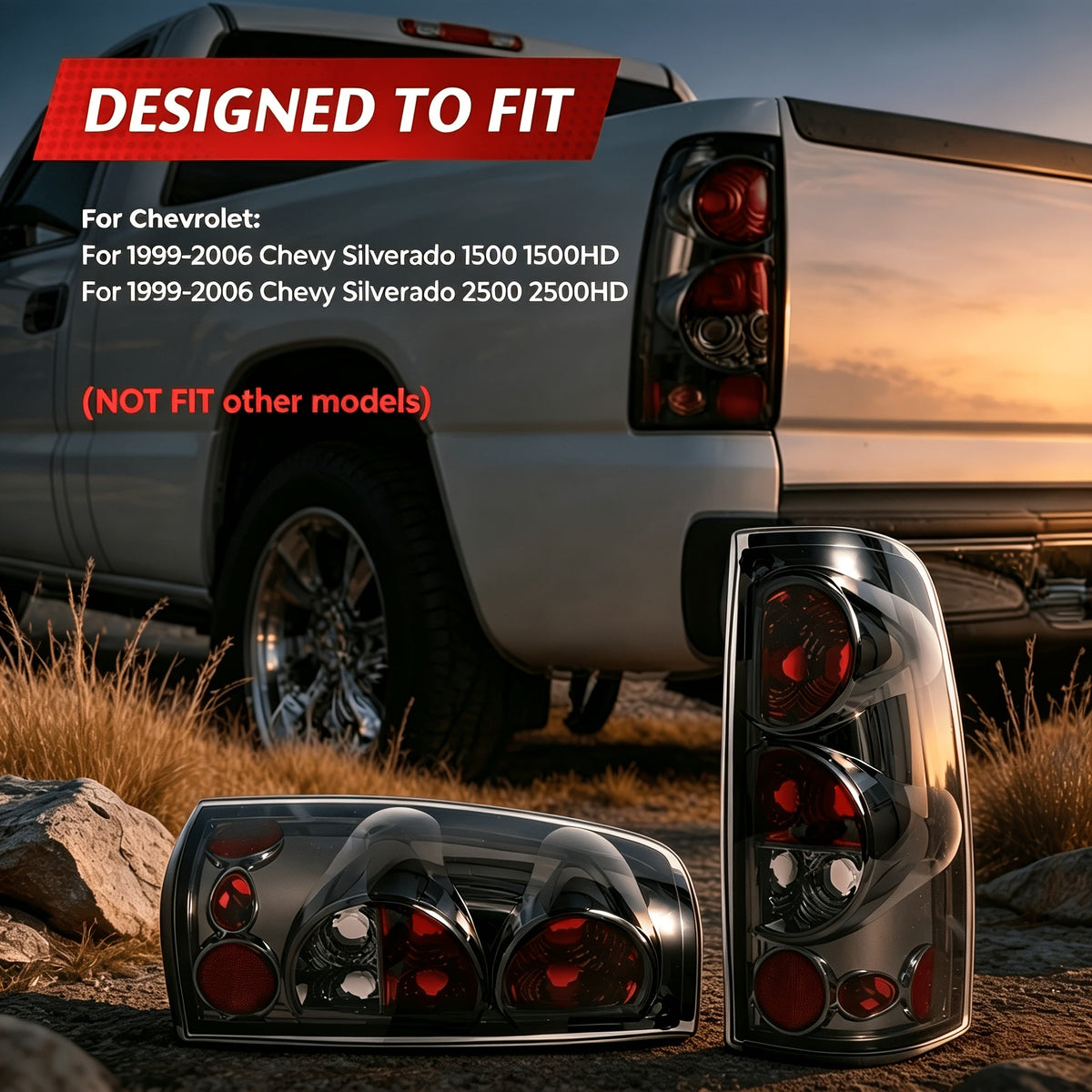 Tail Lights for Chevy Silverado 1500 2500 3500 & GMC Sierra 1999-2006 – Direct Replacement Taillights Assembly, Black Housing, Red or Smoked Lens (No Bulbs, Pair)