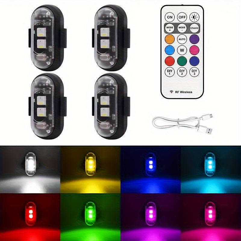 Wireless LED Strip Lights 8-Color Anti-Collision High Brightness Remote Control USB Charging Waterproof for Car Motorcycle Bike Drone Aircraft 4pcs or 6pcs