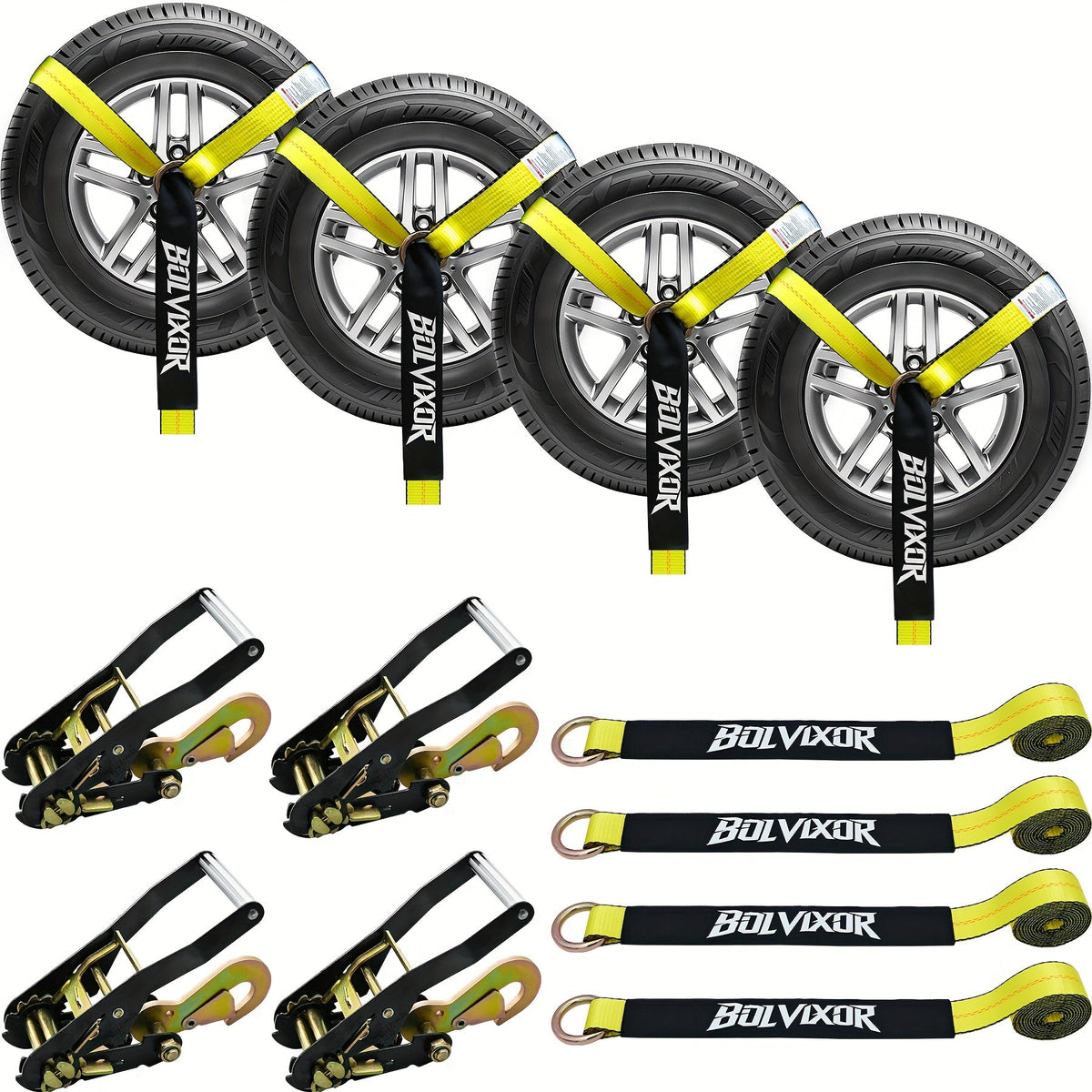 Ratchet Tie Down Straps 4-Pack – 9900 LB Break Strength, 2"x96" Wheel Straps with Snap Hooks for UTV, SUV, Truck & Trailer Transport