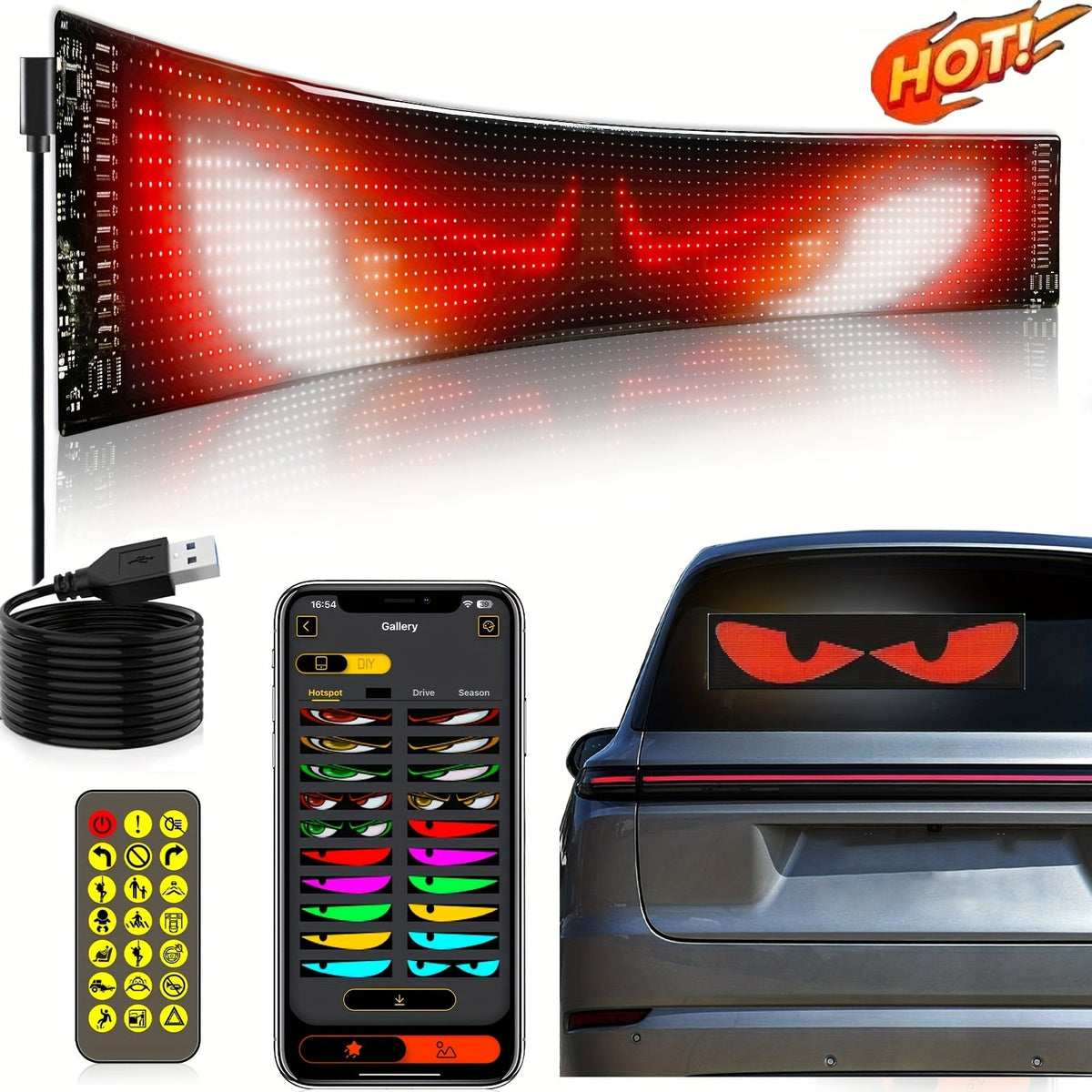 Programmable Scrolling LED Car Sign with App & Remote Control, USB Powered DIY Text Animation Graffiti Pattern, Rolling Display for Trucks SUVs Store Bar Hotel