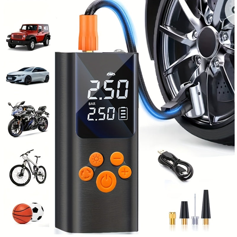 Portable Cordless Tire Inflator with Digital Gauge & LED Light – USB Rechargeable Fast Air Compressor for Car, Bike, Motorcycle & Sports Equipment