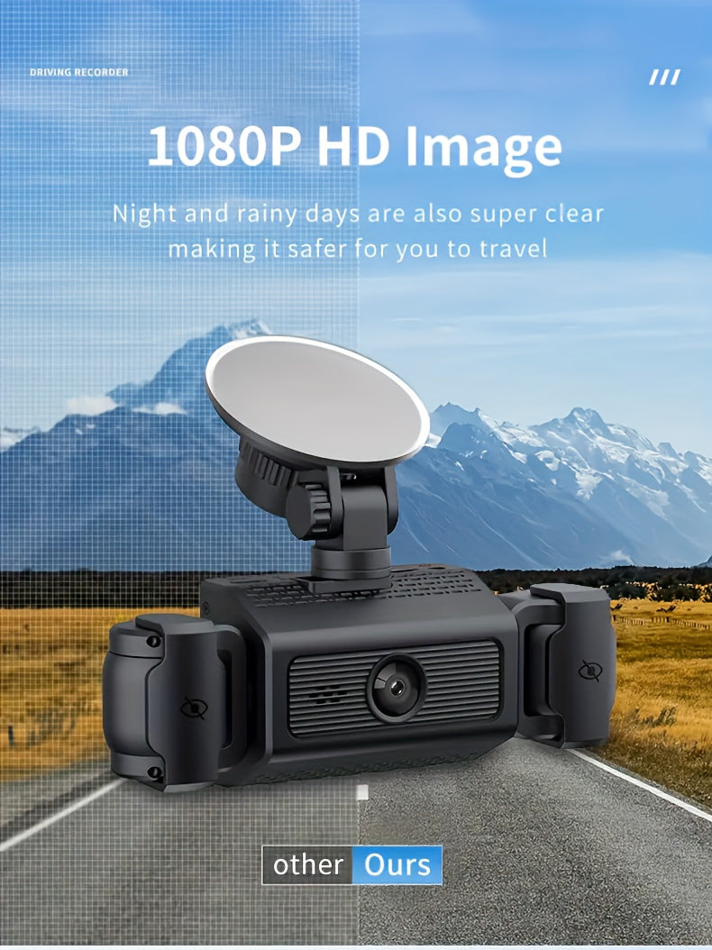 4-Channel Dash Cam 1080P Front + 480P Side Rear Camera, 2.4" Screen, Night Vision, Motion Detection, Wide Dynamic Range, Optional 64GB Card