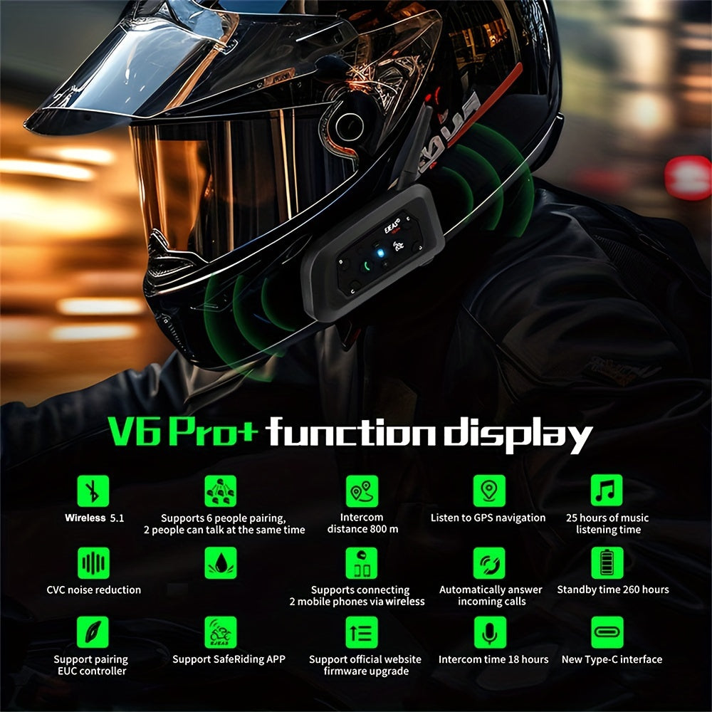 EJEAS V6 PRO+ Motorcycle Helmet Intercom 2-Pack – Bluetooth 5.0, 800M Range, 6-Rider Group, Type-C Charging