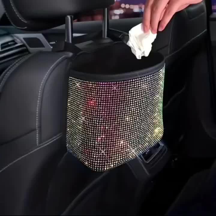 Bling Car Trash Can with Rhinestones Hanging Seat Back Organizer Sparkling Glam Car Interior Accessory with Trash Bag for Car SUV Minivan Truck Gift for Women