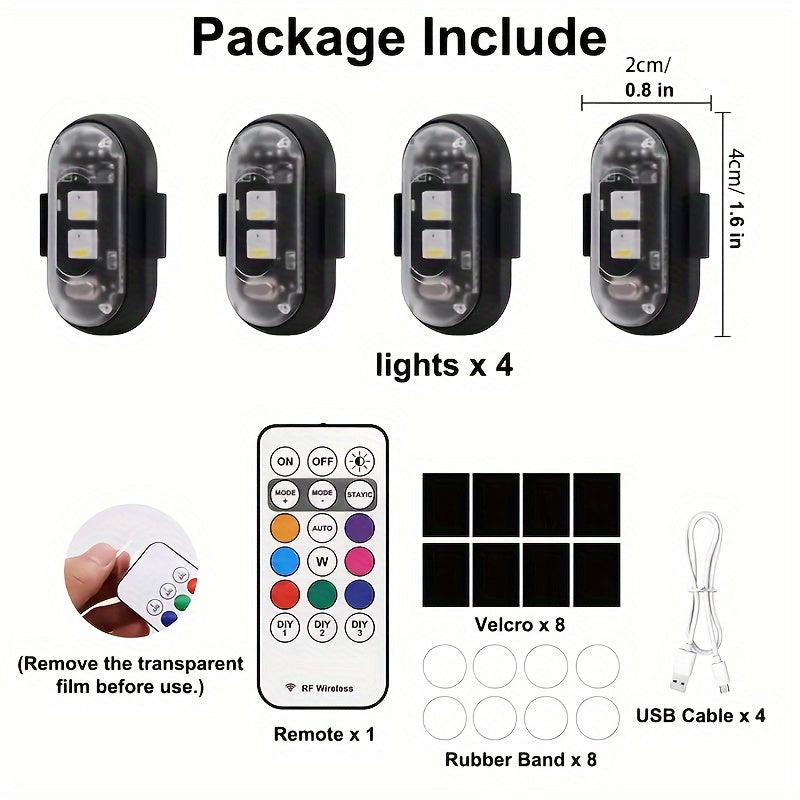 Wireless LED Strip Lights 8-Color Anti-Collision High Brightness Remote Control USB Charging Waterproof for Car Motorcycle Bike Drone Aircraft 4pcs or 6pcs