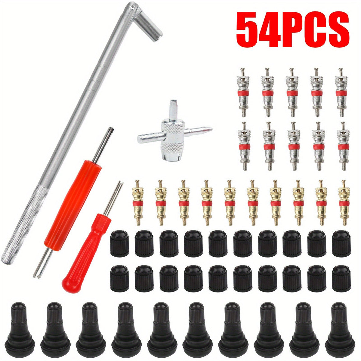 Tire Valve Stem Tool Kit 54-Piece, Valve Stem Puller Installer & Core Remover Set for Cars Trucks Motorcycles ATVs Bicycles, TR412 Stems, Copper Valve Cores & Caps Included