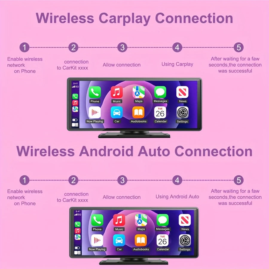 Wireless CarPlay Screen 10.26 Inch Portable Car Stereo, Touchscreen Display with Android Auto, 720P HD Backup Camera, Dash Cam & GPS Navigation, Universal Dashboard Car Radio for Trucks RVs