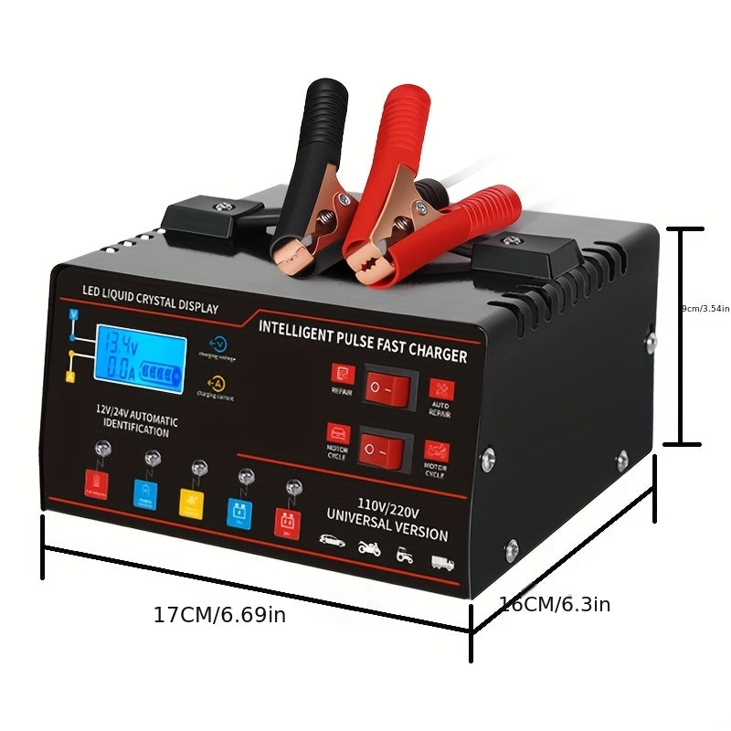 12V/24V Smart Universal Battery Charger – LCD Screen, Pulse Repair, Trickle Maintainer & Temperature Regulation for Car, Truck, Motorcycle, Boat & Lawn Mower Lead Acid Batteries