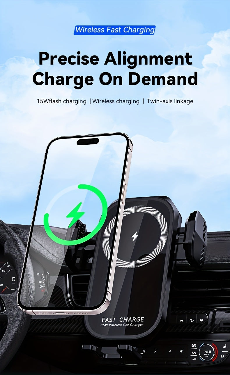 Wireless Car Charger Mount 15W Auto-Clamping – Fast Charging Air Vent Phone Holder for iPhone 16 15 14 13 12 Pro Max & Samsung Galaxy