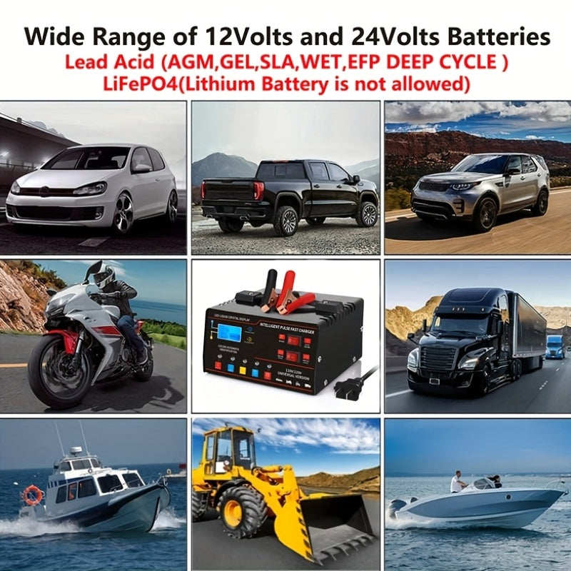 12V/24V Smart Universal Battery Charger – LCD Screen, Pulse Repair, Trickle Maintainer & Temperature Regulation for Car, Truck, Motorcycle, Boat & Lawn Mower Lead Acid Batteries