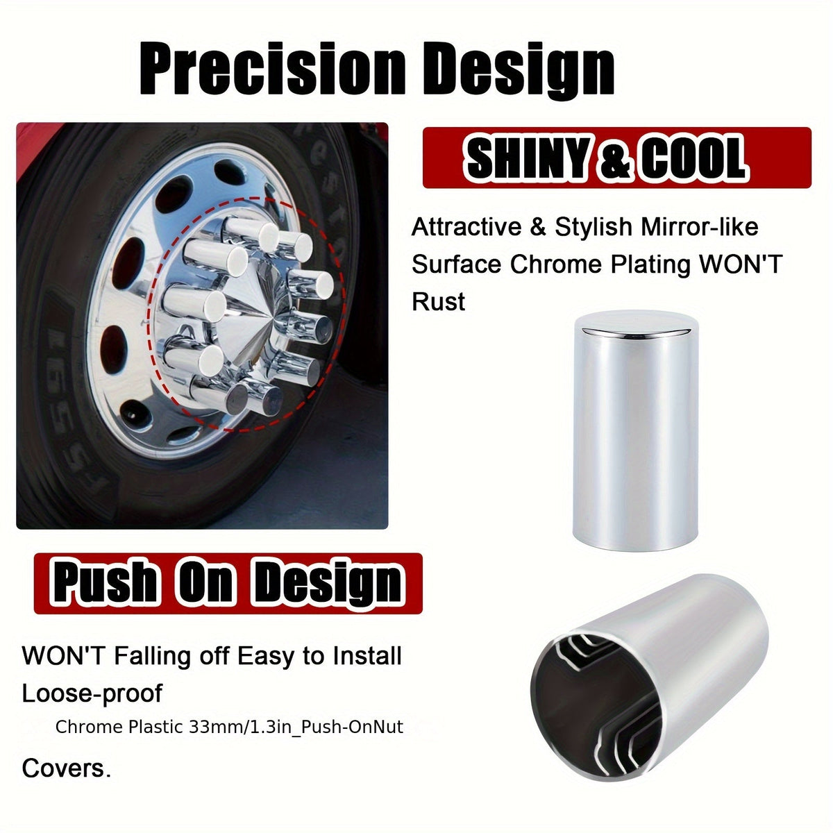 Lug Nut Covers 33mm x 3.5" Chrome ABS – Push-On Spike Caps for Semi Truck Trailer Hub Piloted Wheels, Anti-Loose Design, 20 40 or 60 Pack