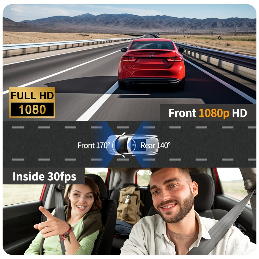 Dual Dash Cam 1080P HD Front & Cabin – 2" IPS Screen, 170° Wide Angle, ADAS, Night Vision, 24H Parking Mode, G-Sensor Loop Recording, No SD Card