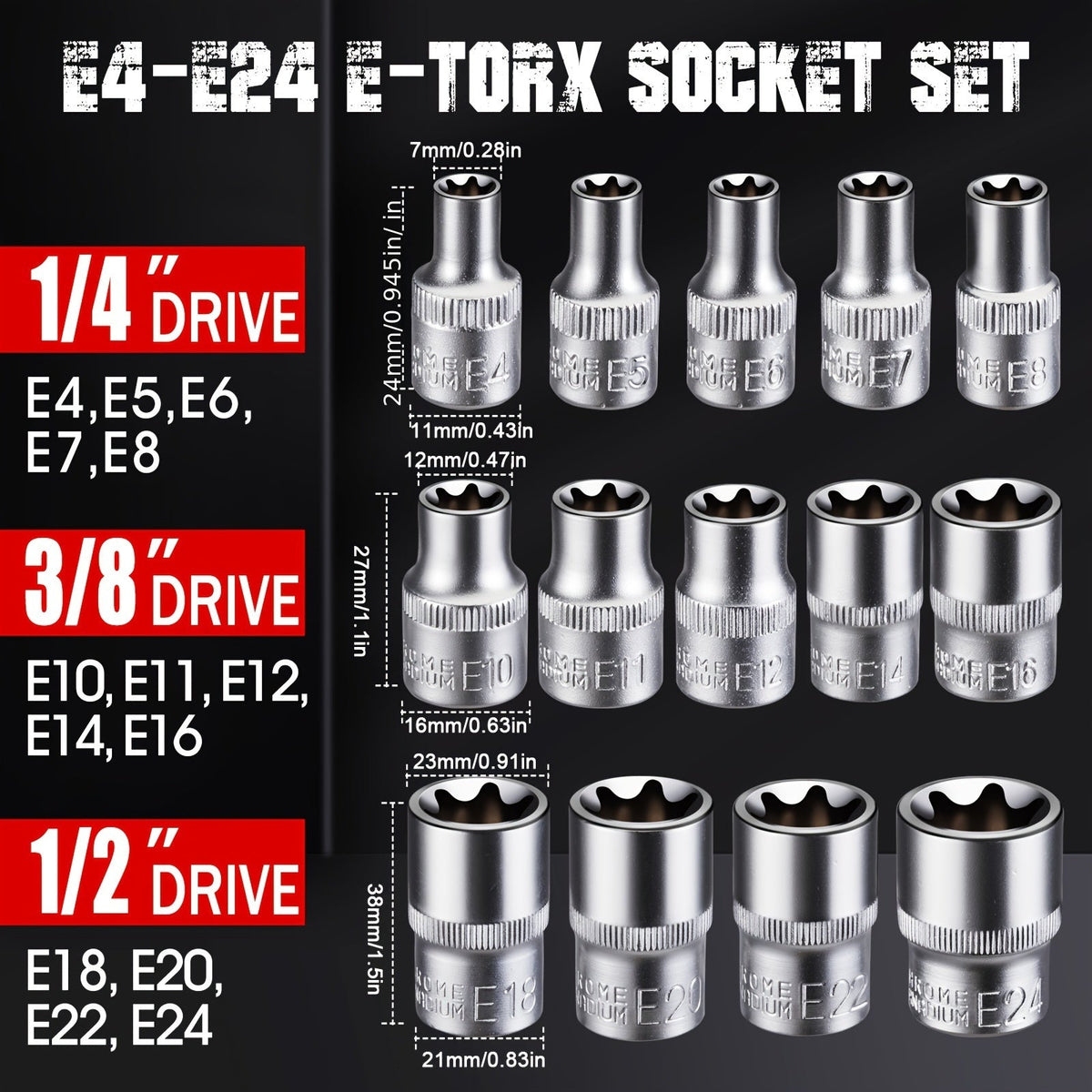 External Torx Socket Set 14pcs E4-E24, 1/4" 3/8" 1/2" Drive E-Torx Star Sockets, Cr-V Steel with Storage Box, for Cars Trucks & Auto Repair